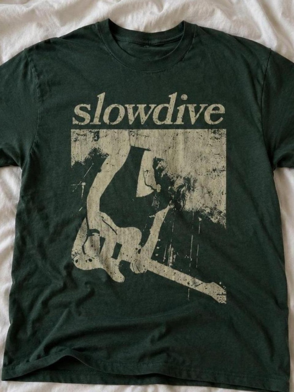 Gildan Slowdive Band Tee in Dark Green with Cream Print